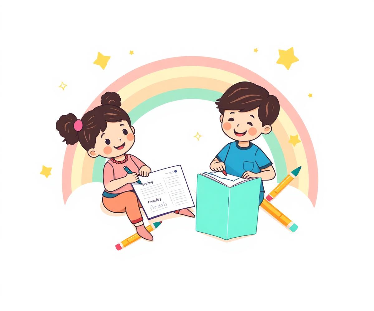 Hai bạn nhỏ vui vẻ tô màu bài tập in từ TinyJoy